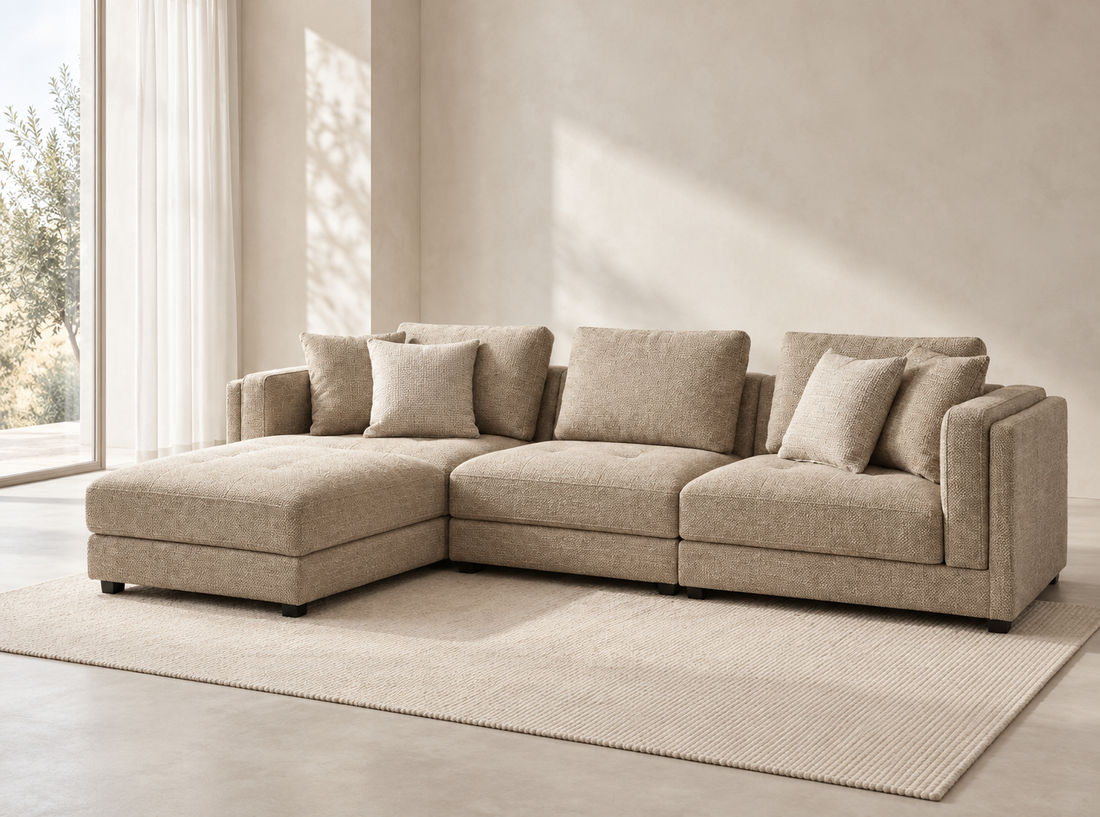 Araco Atelier Ollie three seater sofa in Wicker for a neutral living room