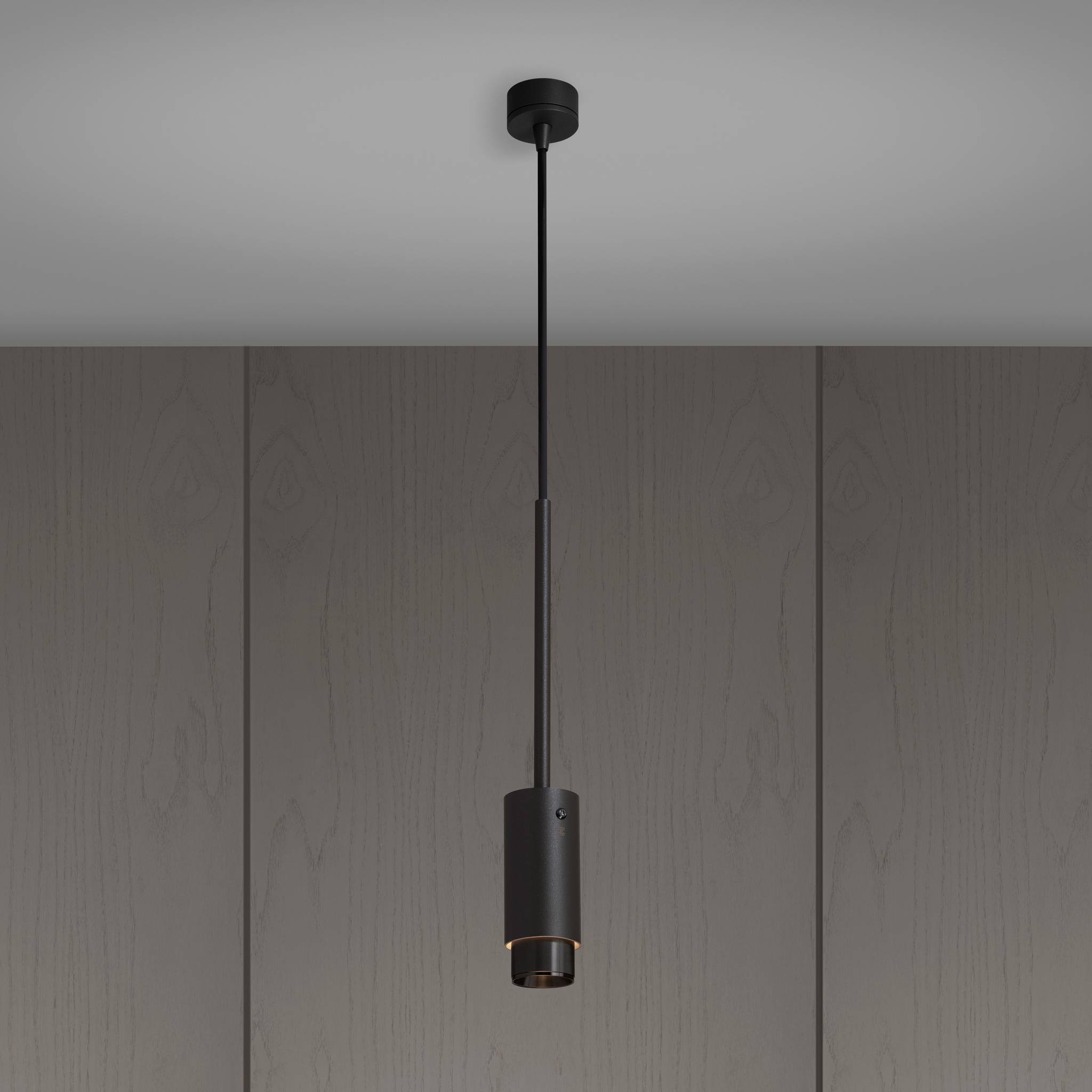 Buster + Punch Exhaust Pendant in graphite and gun metal, lit