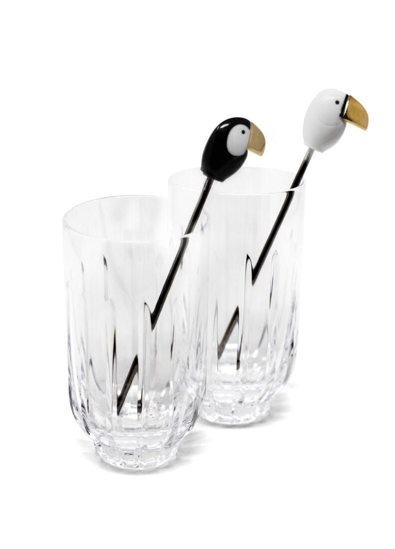 Lladro Toucan 2 Tall Crystal Glasses and 2 Stirrers Set Golden Luster