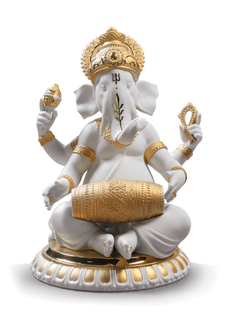 Lladro Mridangam Ganesha Figurine Golden Lustre