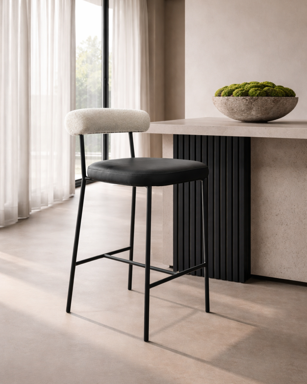 Tommy Franks Alita stool in Mustang black and Chex Polar bouclé