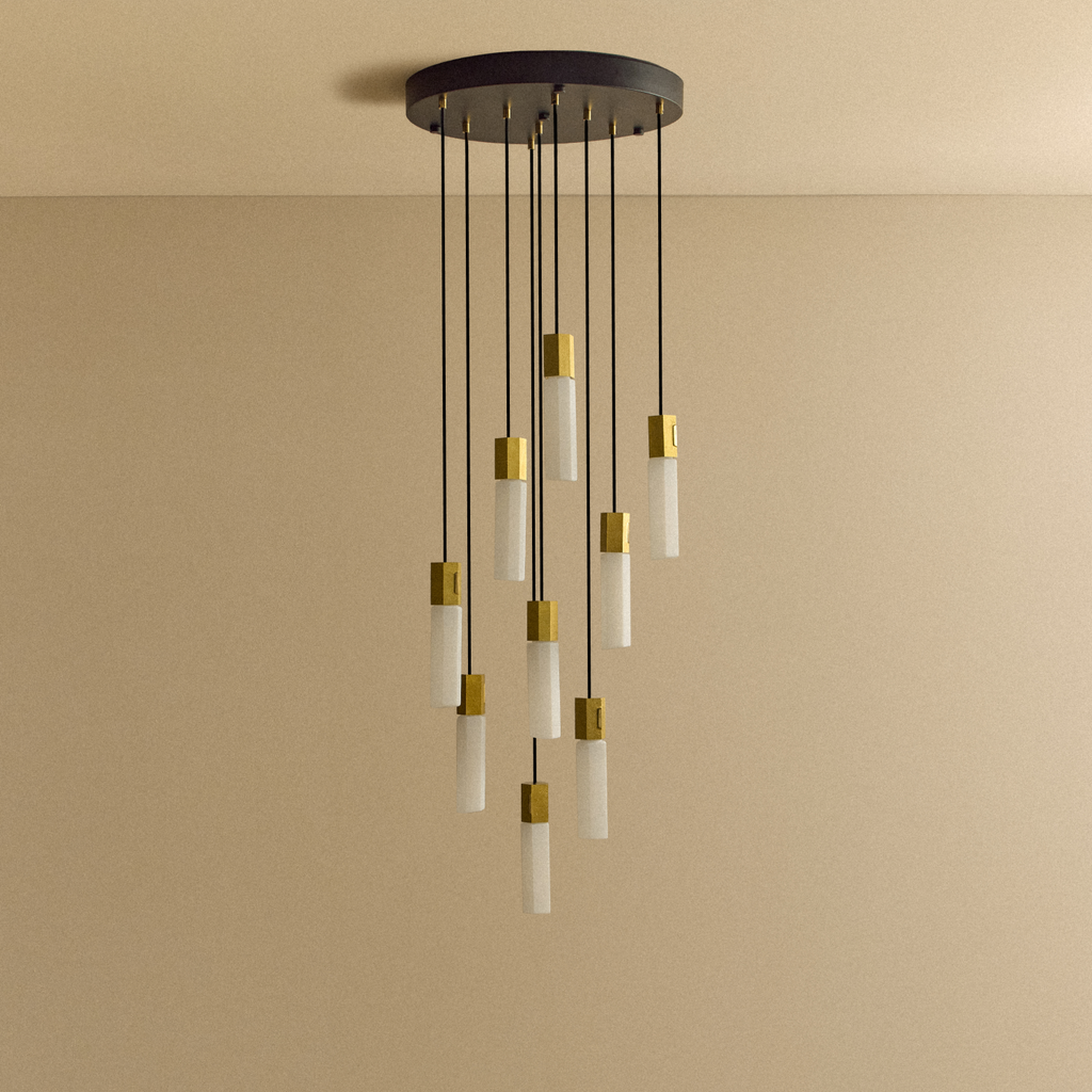 Tala Basalt Nine Pendant in Brass shown unlit