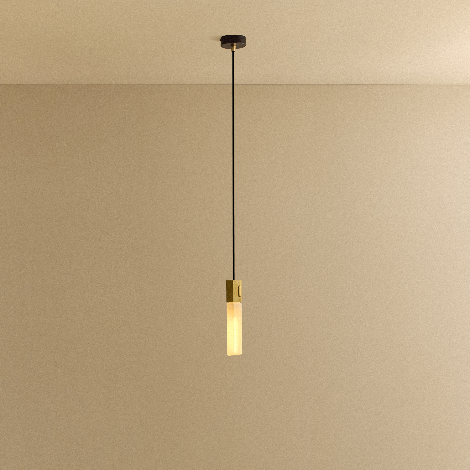 Tala Basalt Single Pendant in Brass shown illuminated