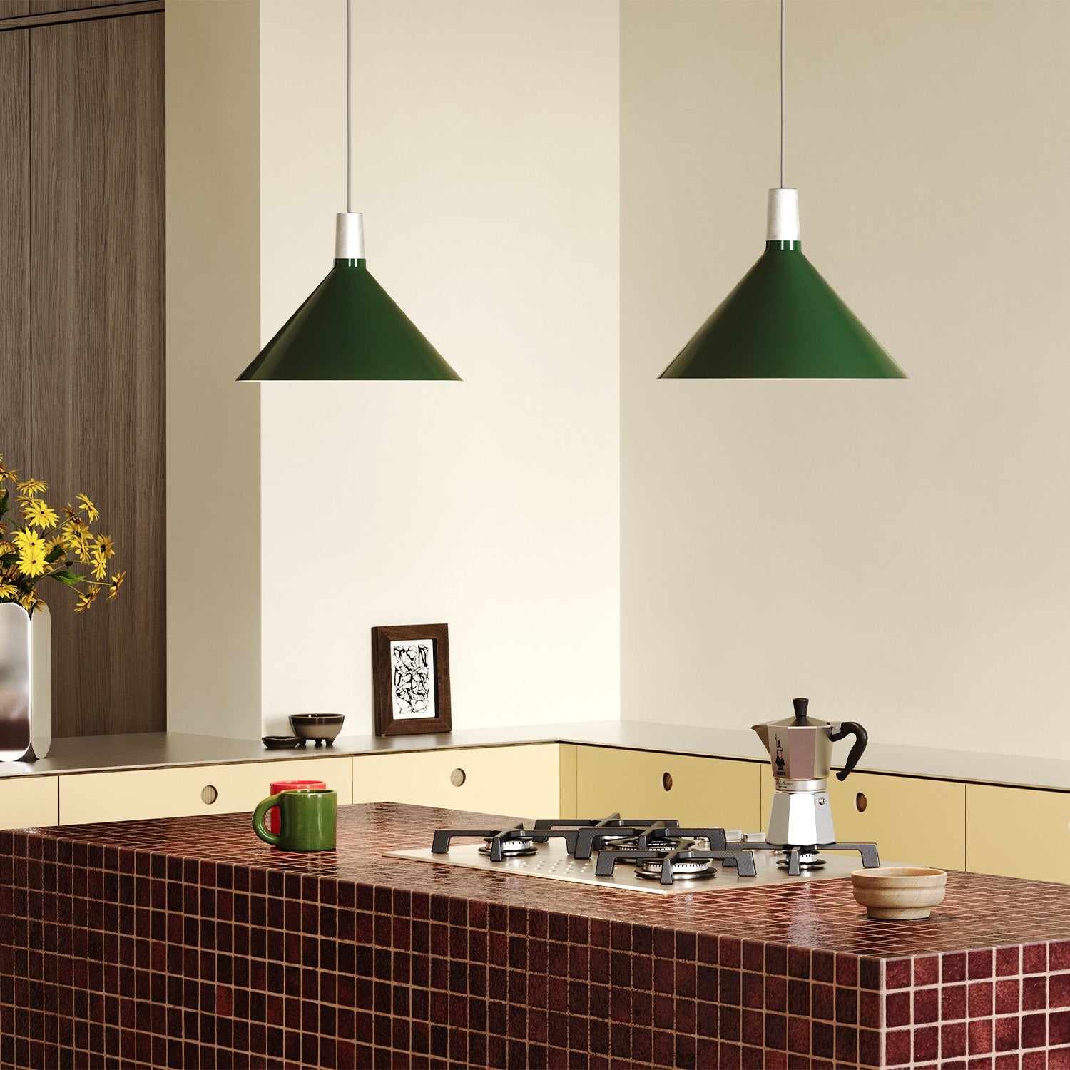 Tala Bower Pendant Light Medium in Dark Green + Sphere IV in a styled interior setting (view 2)