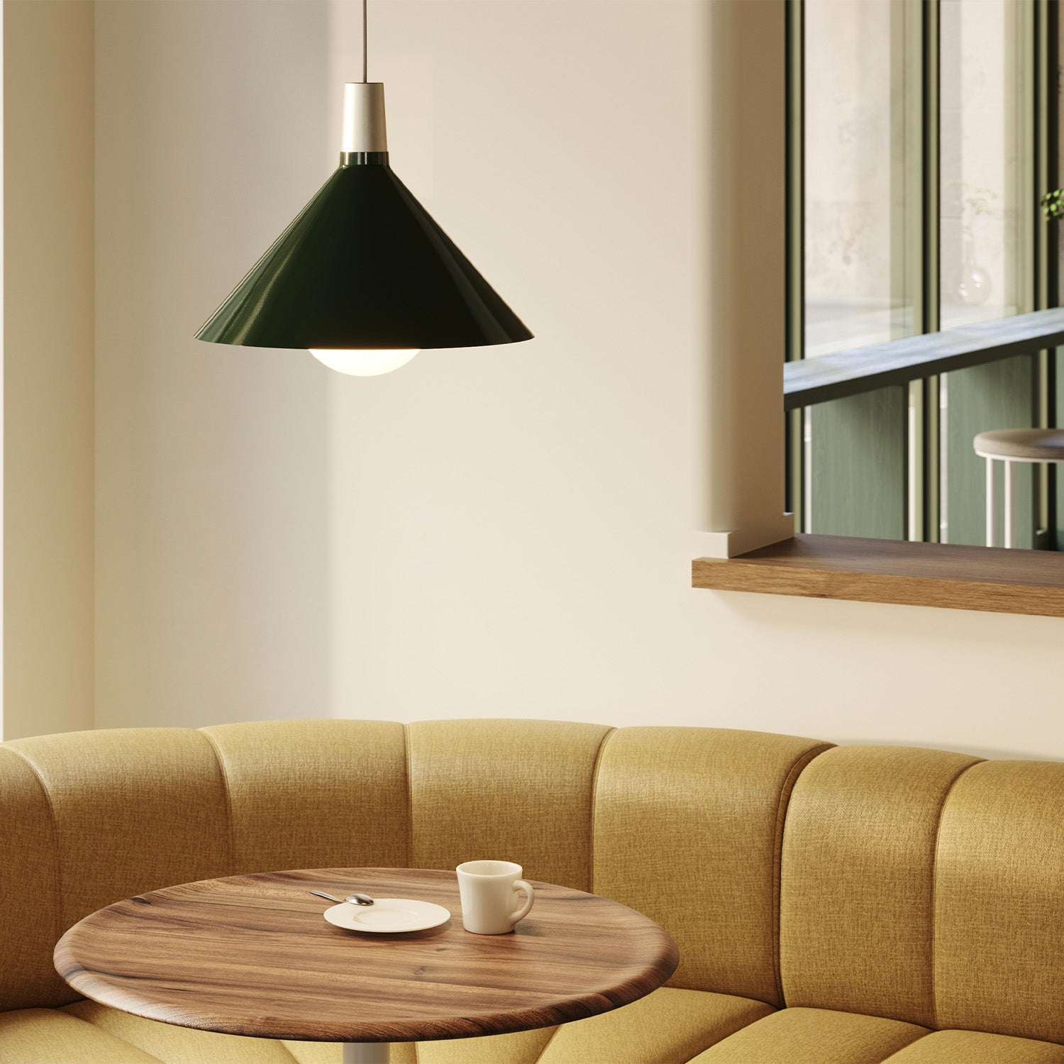 Tala Bower Pendant Light Medium in Dark Green + Sphere IV in a styled interior setting