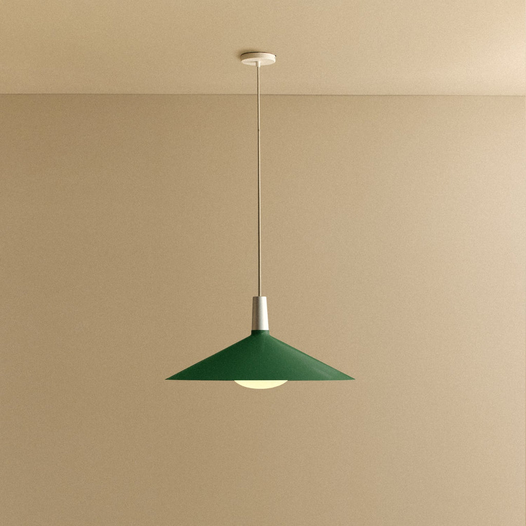 Tala Bower Pendant Light Large in Dark Green + Oval II shown illuminated