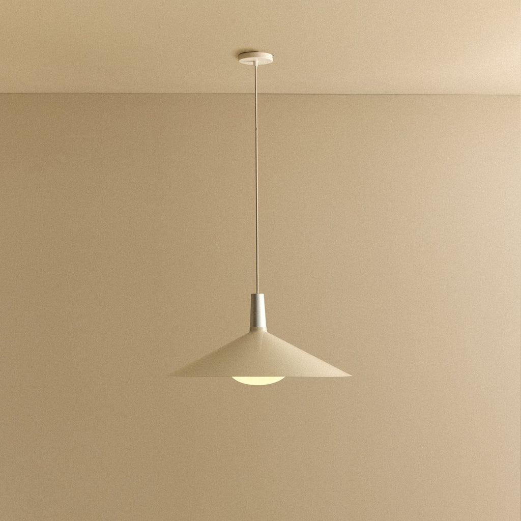 Tala Bower Pendant Light Large in Oyster White + Oval II shown illuminated