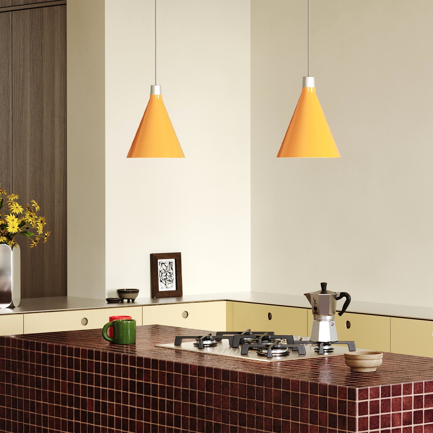 Tala Bower Pendant Light Small in Yellow + Sphere III in a styled interior setting
