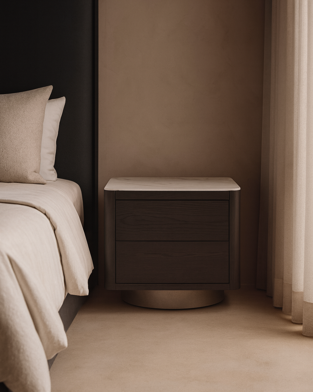 Tommy Franks Coin bedside table in smoke oak and marble
