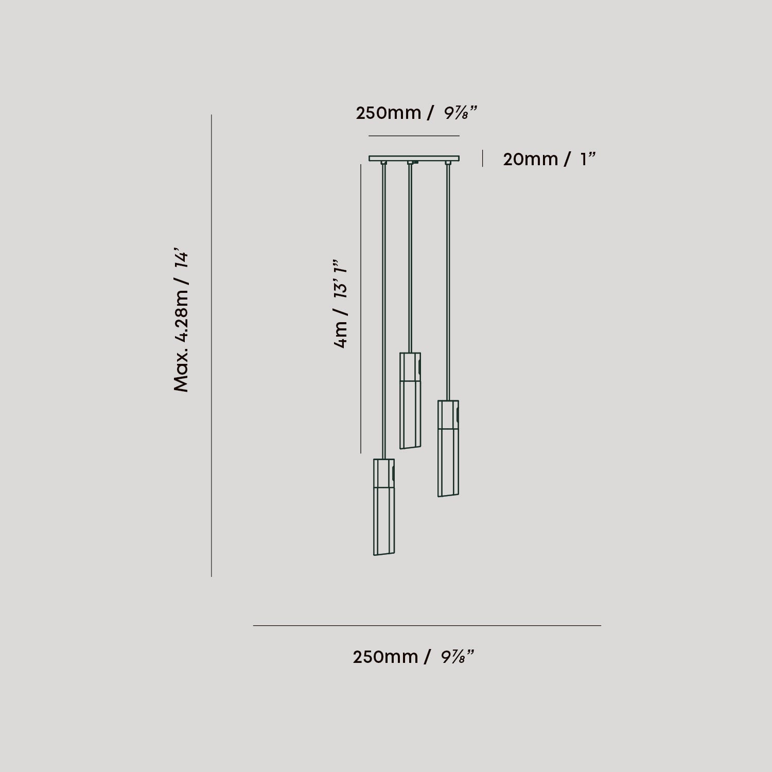 Tala Basalt Triple Pendant in Brass dimensions diagram