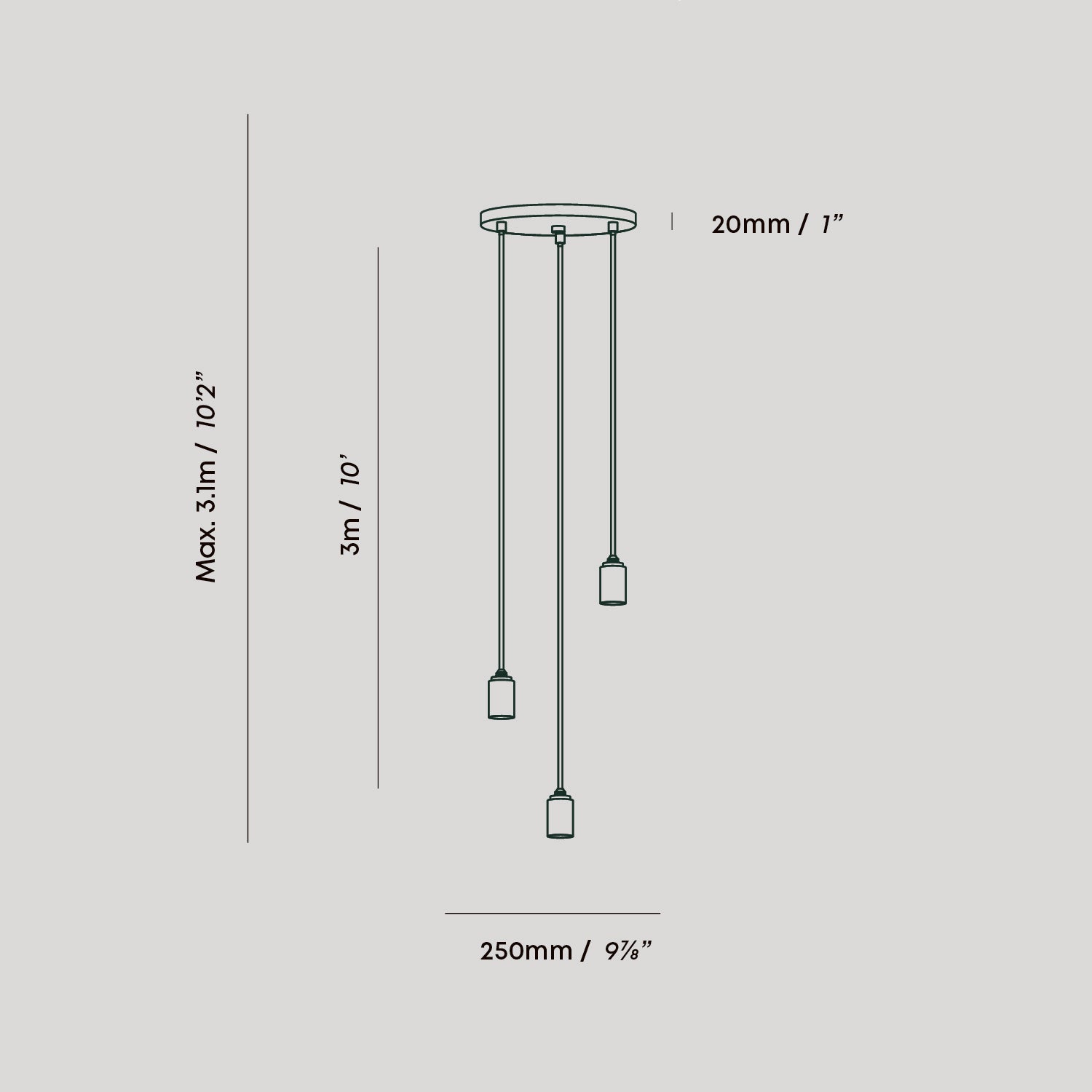 Tala Triple Pendant in Graphite - Black Canopy dimensions diagram