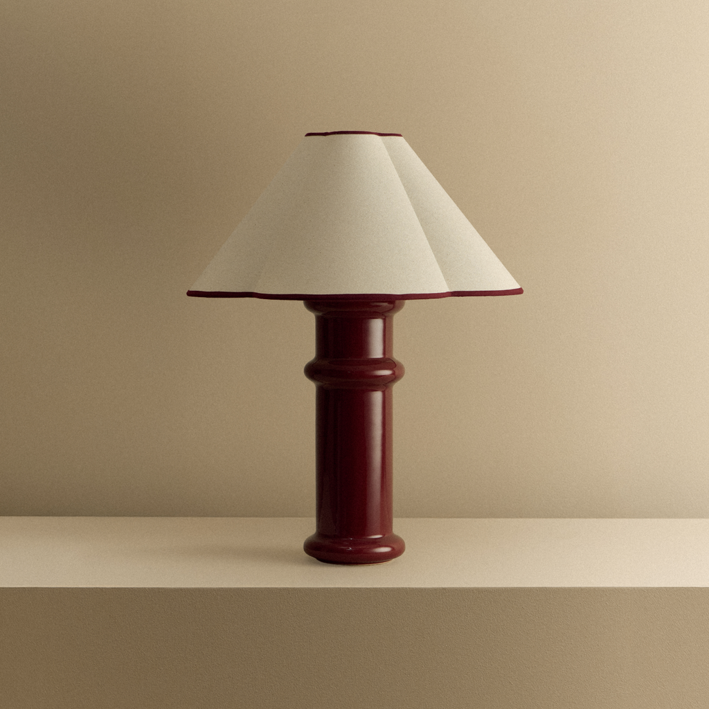 Tala Heath Table Lamp in Port Red shown unlit