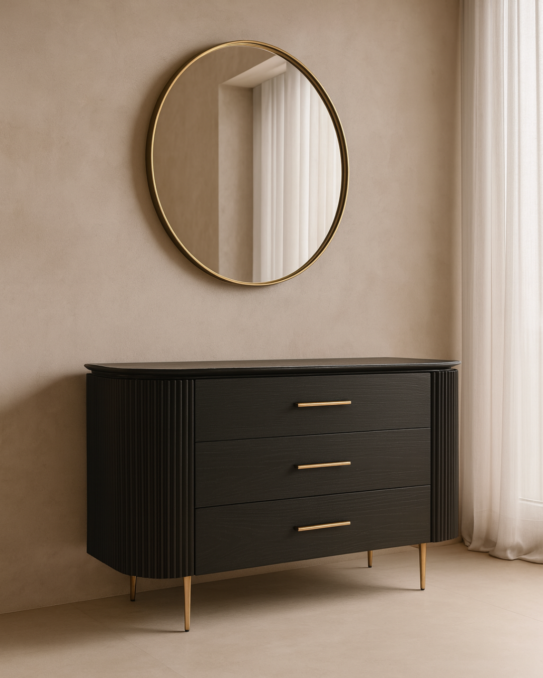 Tommy Franks Lantine three drawer dresser in black oak and brass