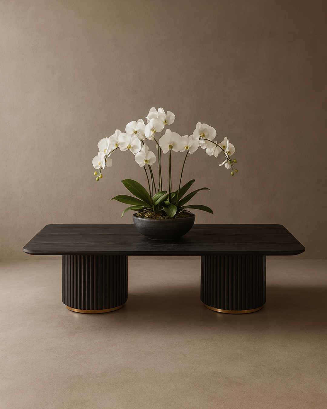 Tommy Franks Lantine double pedestal coffee table in black oak and brass