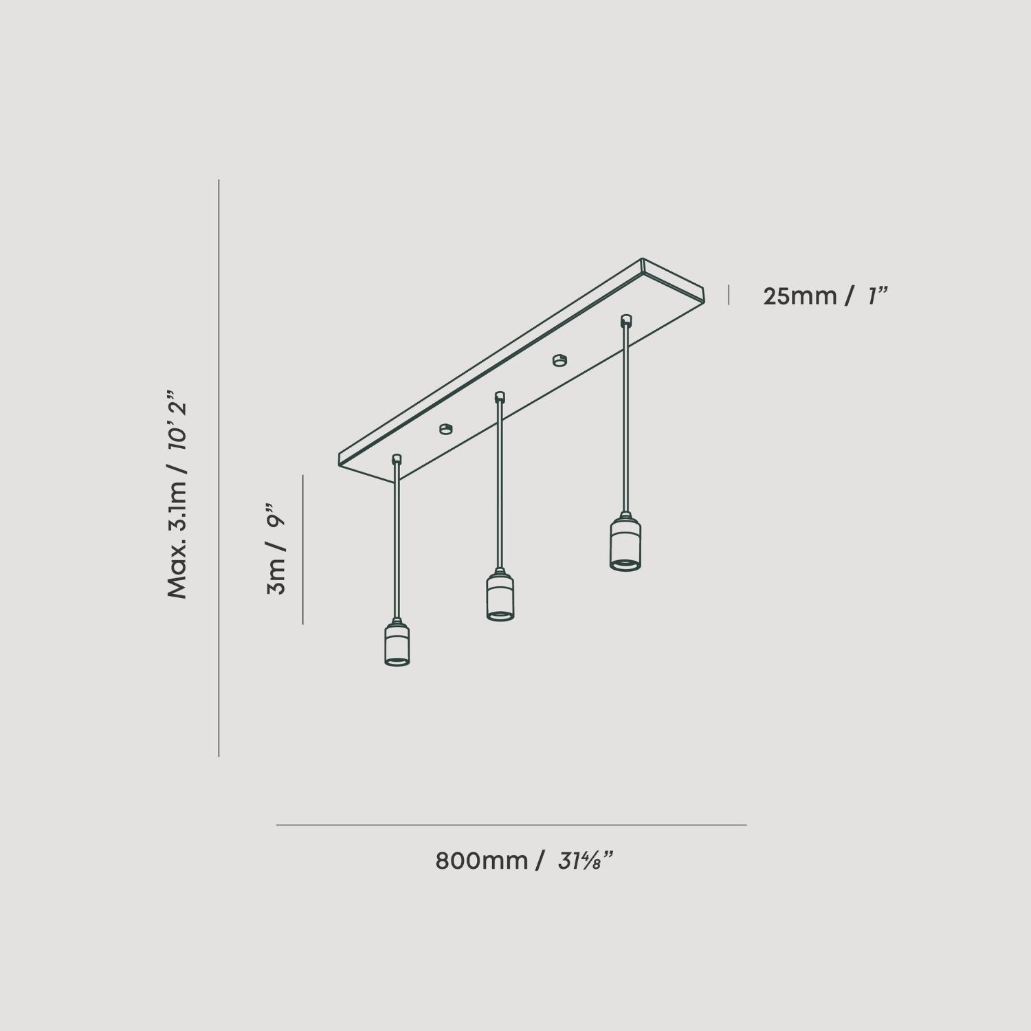 Tala Linear Triple Pendant in Brass dimensions diagram