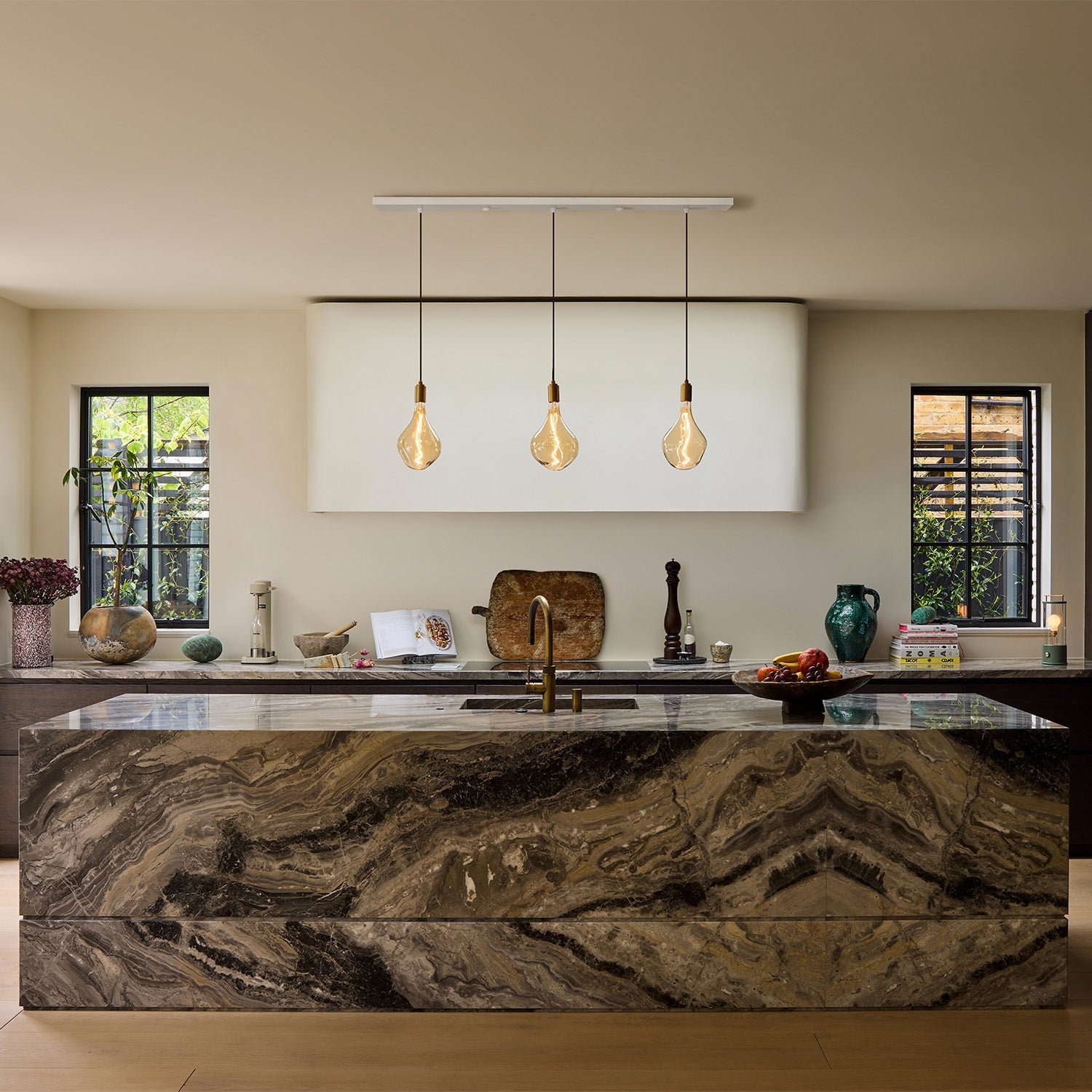 Tala Linear Triple Pendant in Brass + Voronoi II