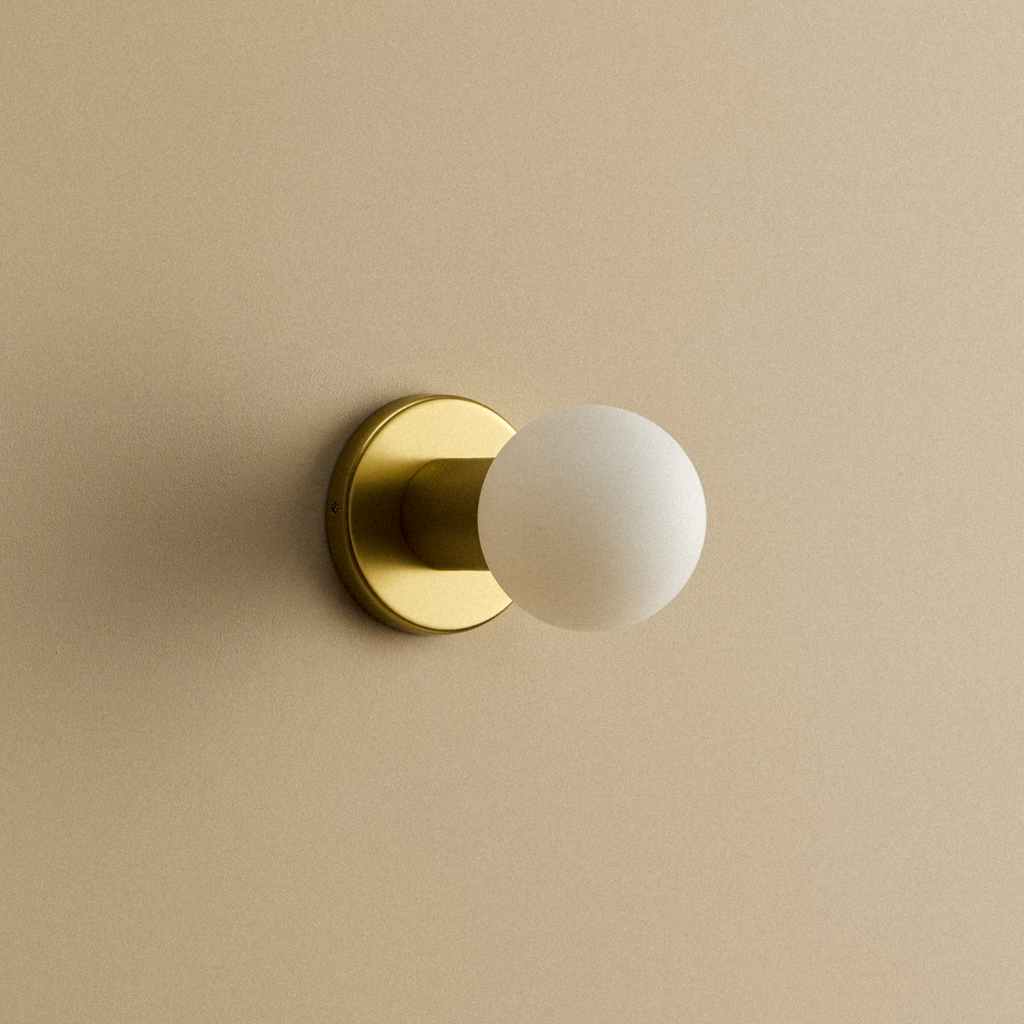 Tala Lochan Wall Light in Brass + Sphere III shown unlit