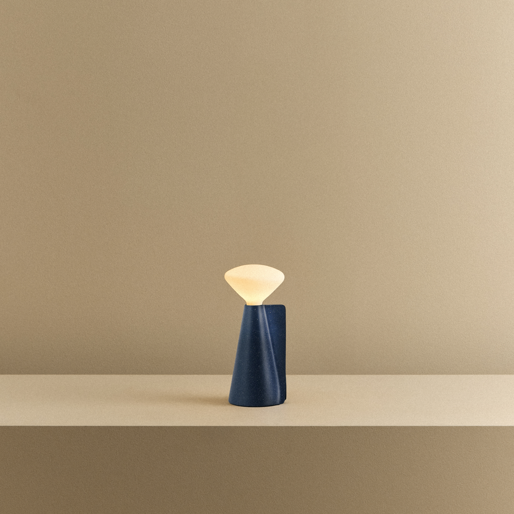 Tala Mantle Portable Lamp in Cobalt Blue shown illuminated