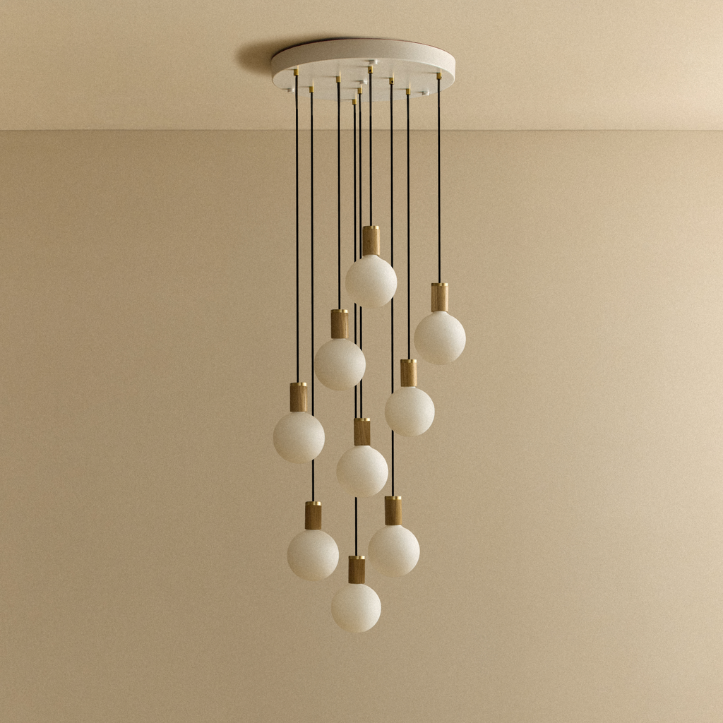 Tala Nine Pendant in Oak + Sphere IV shown unlit