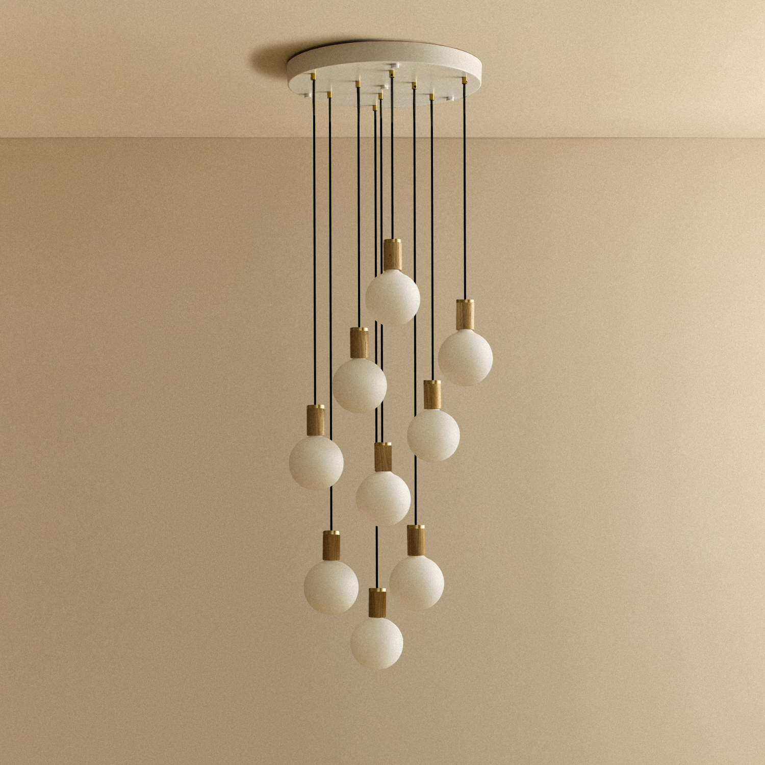 Tala Nine Pendant in Oak + Sphere IV shown unlit