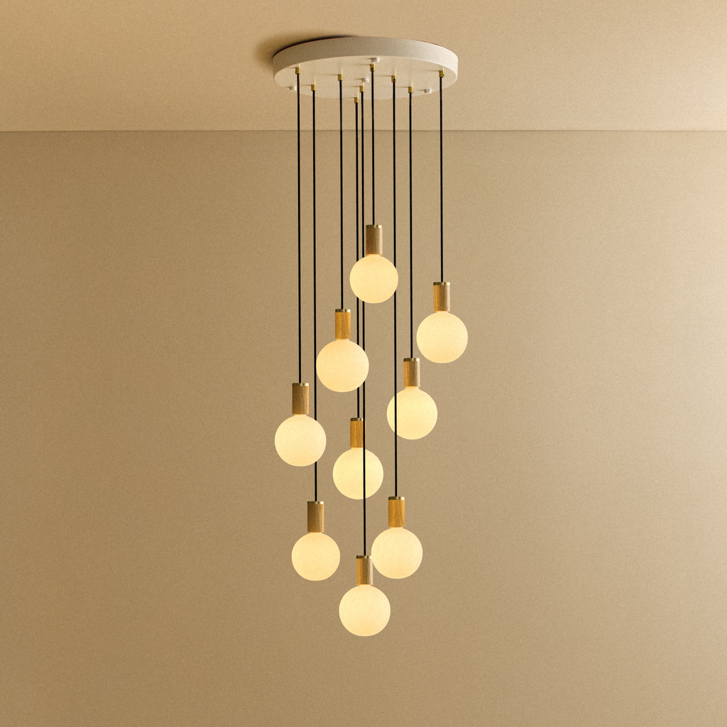 Tala Nine Pendant in Oak + Sphere IV shown illuminated