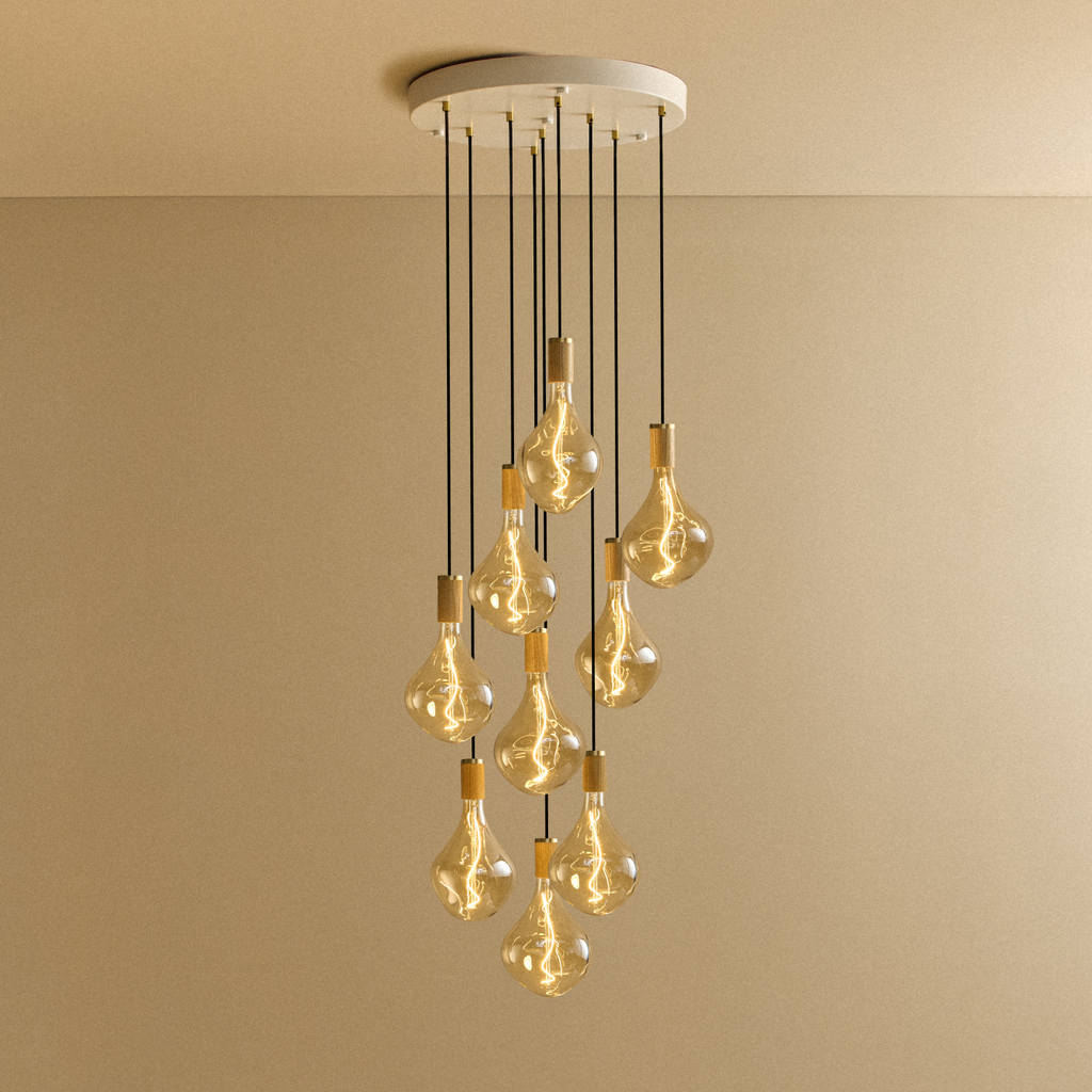 Tala Nine Pendant in Oak + Voronoi II shown illuminated