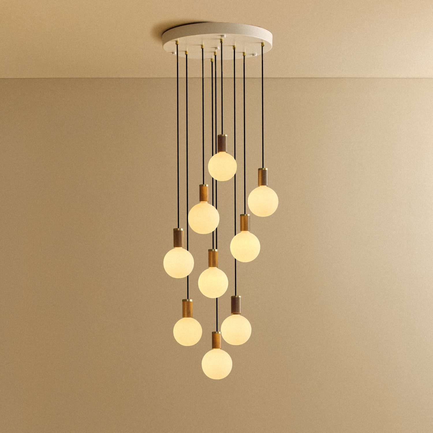 Tala Nine Pendant in Walnut + Sphere IV shown illuminated