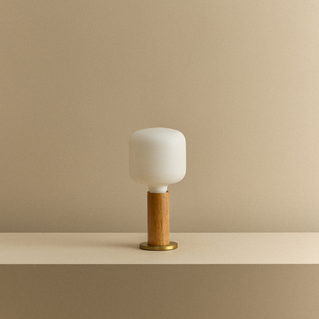 Tala Knuckle Table Lamp in Oak + Oblo shown unlit