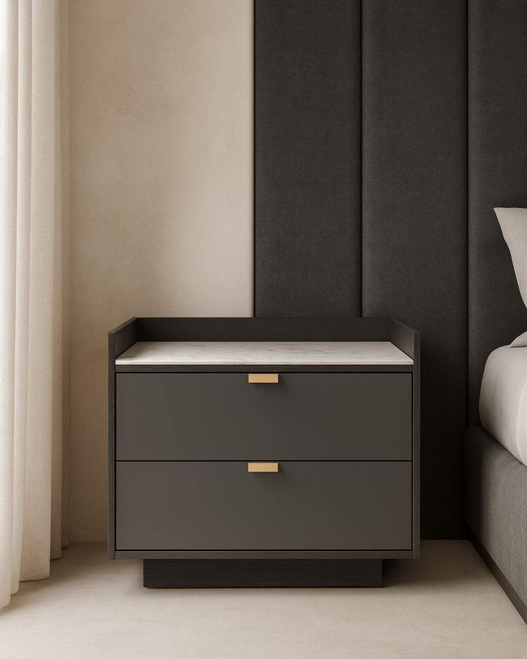 Tommy Franks Saviour bedside table in white marble and anthracite grey wash oak