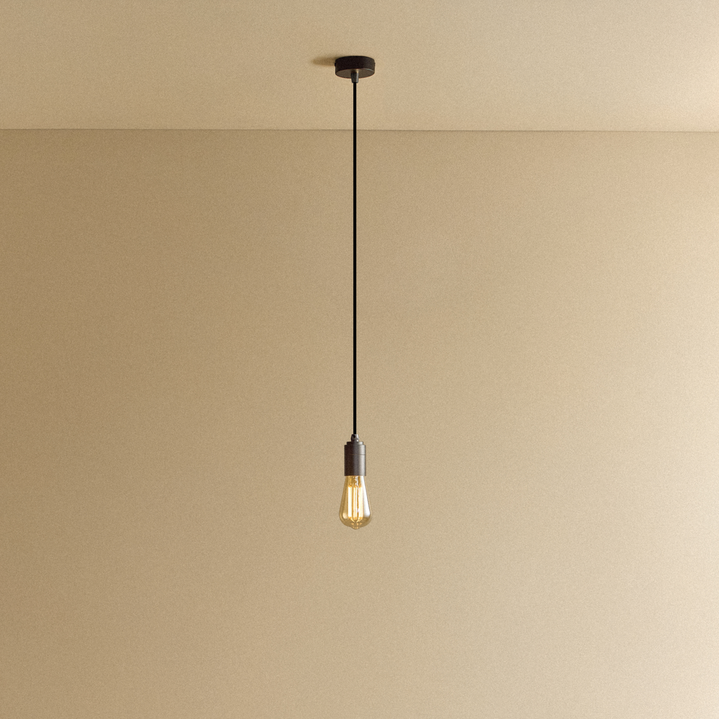 Tala Squirrel Cage Pendant Light in Graphite shown illuminated