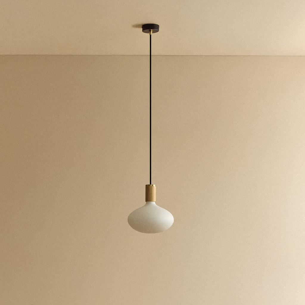 Tala Oval II Pendant Light in Oak shown unlit