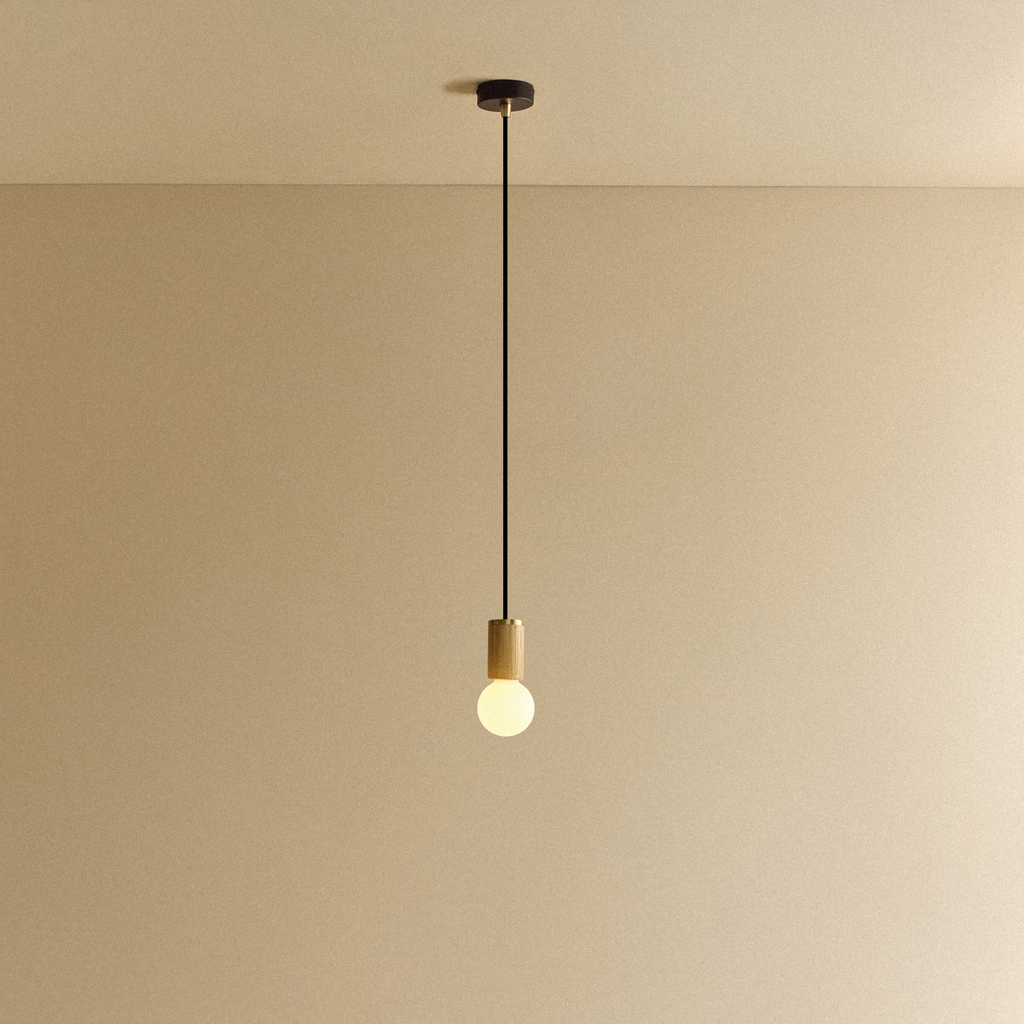Tala Sphere II Pendant Light in Oak shown illuminated