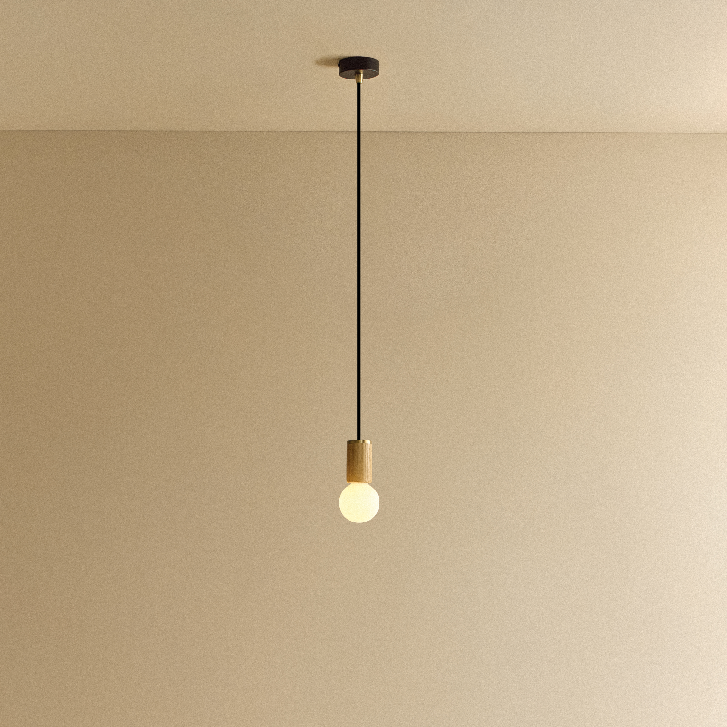 Tala Sphere II Pendant Light in Oak shown illuminated