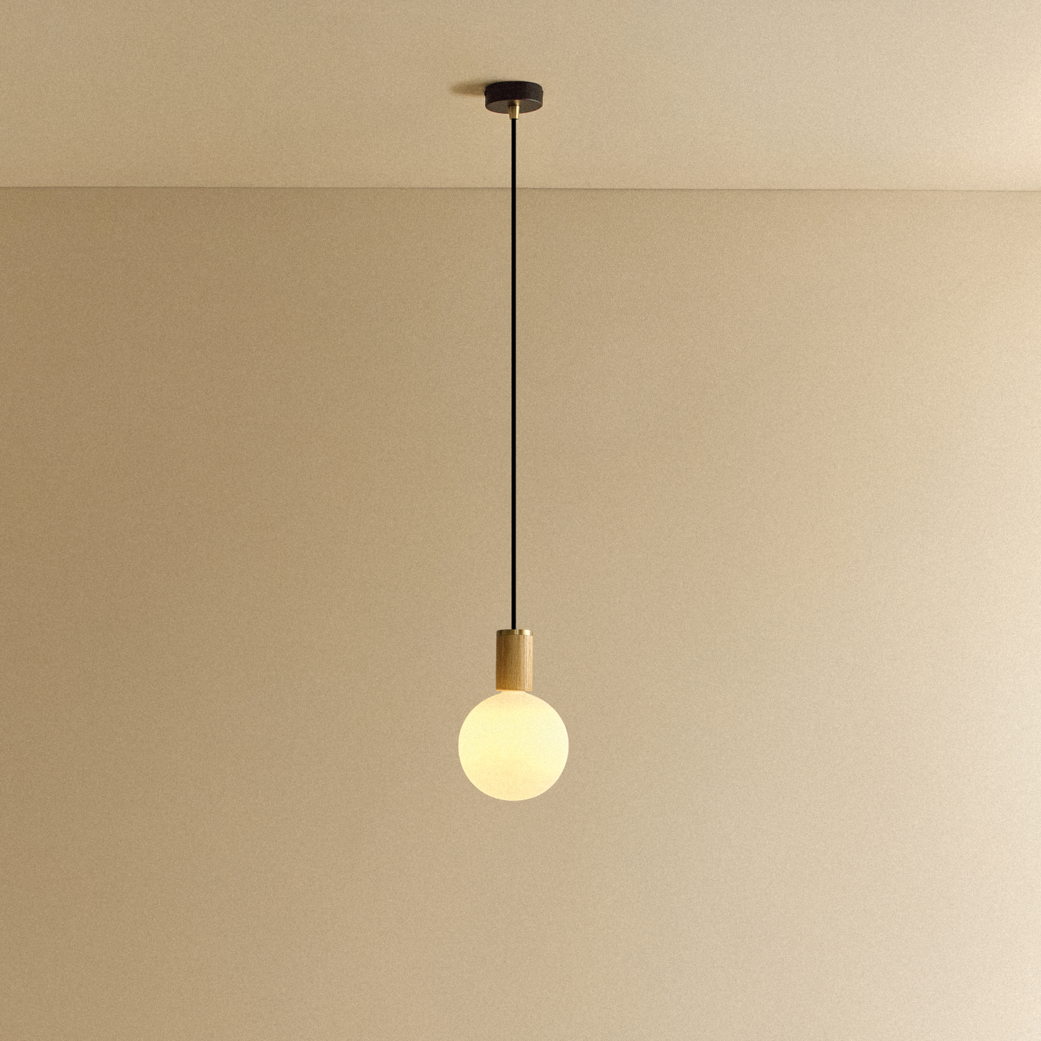 Tala Sphere IV Pendant Light in Oak shown illuminated