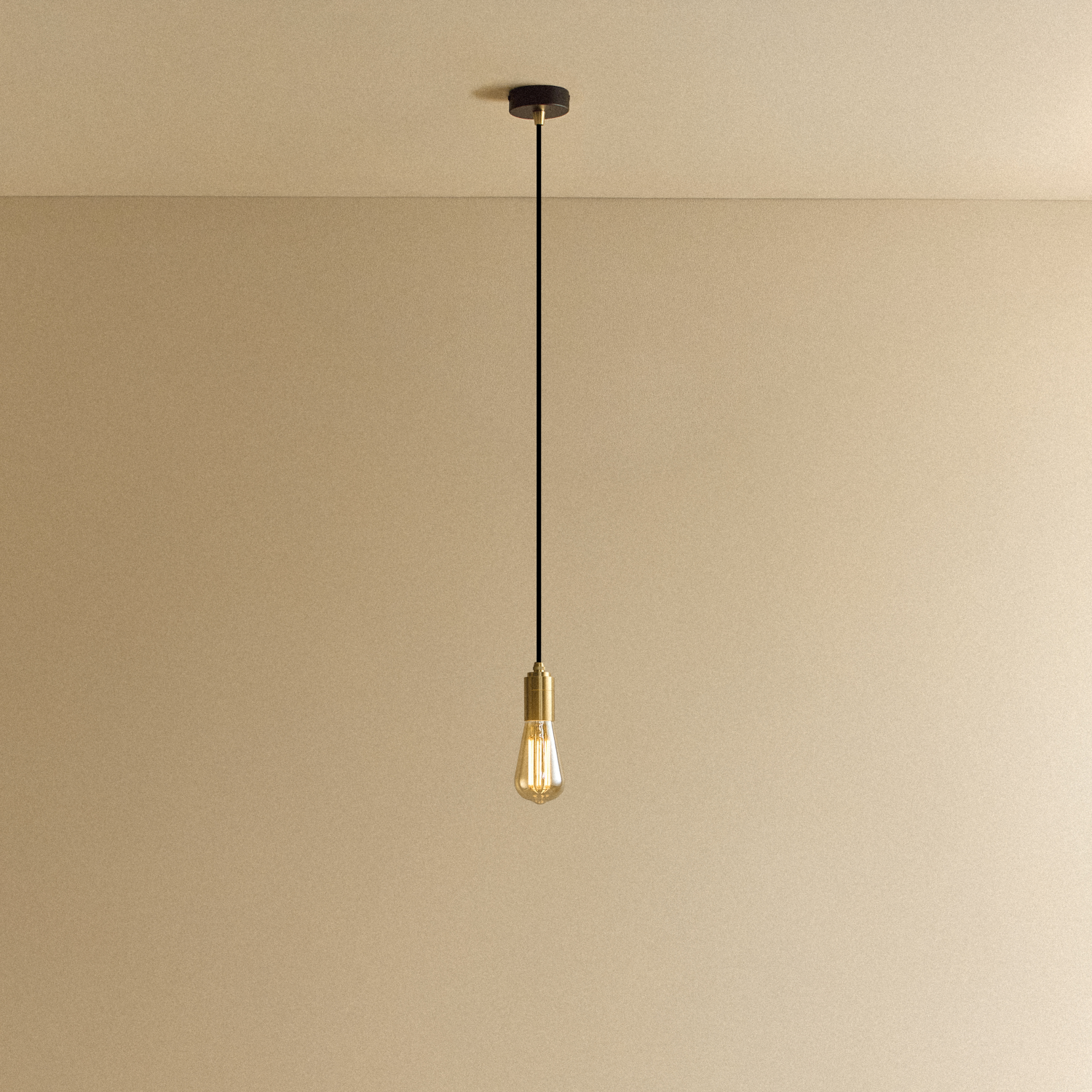 Tala Squirrel Cage Pendant Light in Brass shown illuminated