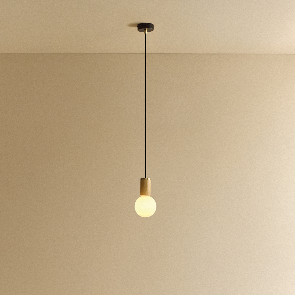 Tala Sphere III Pendant Light in Oak shown illuminated