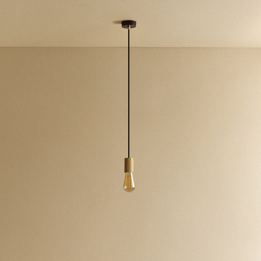 Tala Squirrel Cage Pendant Light in Oak shown unlit