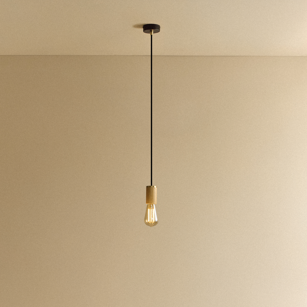 Tala Squirrel Cage Pendant Light in Oak shown illuminated