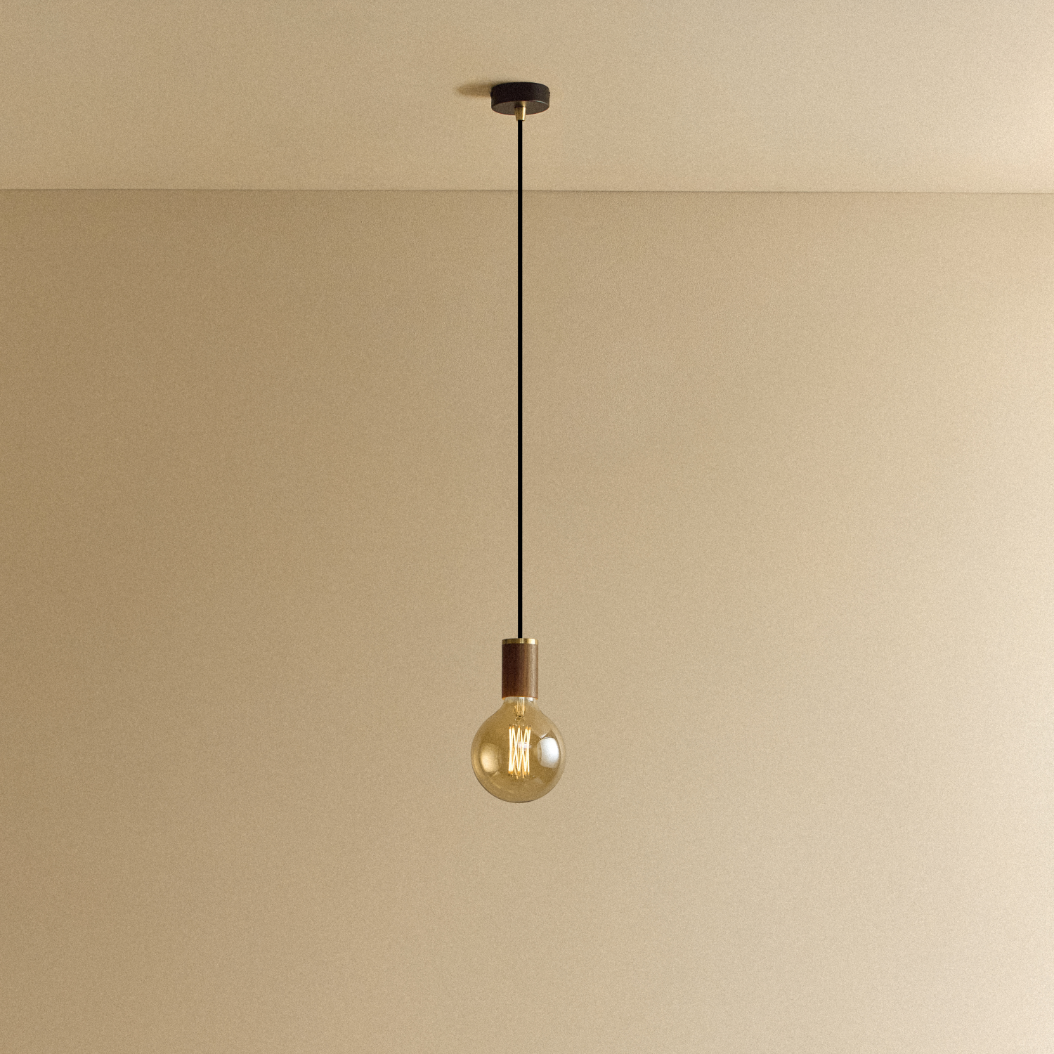 Tala Gaia Pendant Light in Walnut shown illuminated