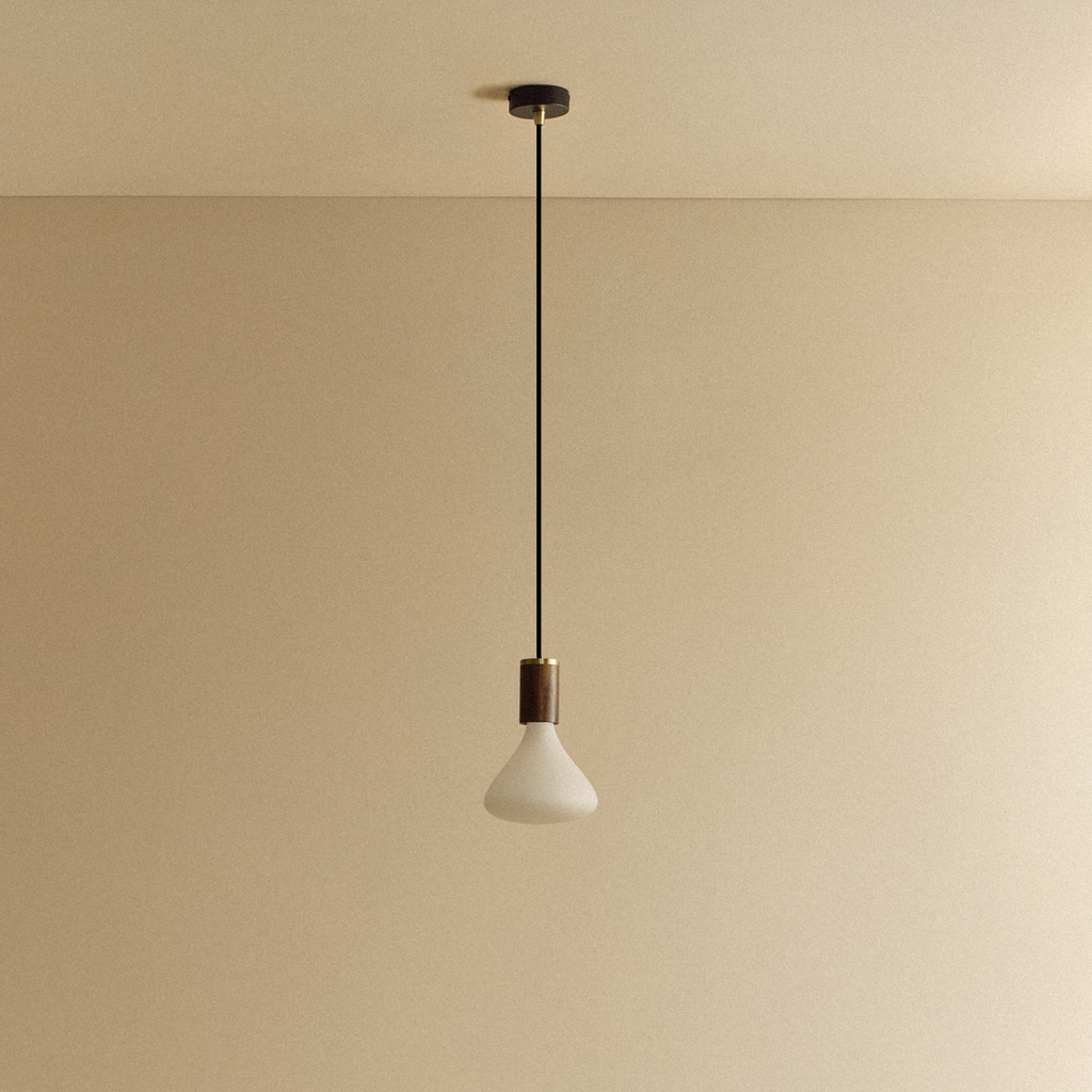 Tala Noma Pendant Light in Walnut shown unlit