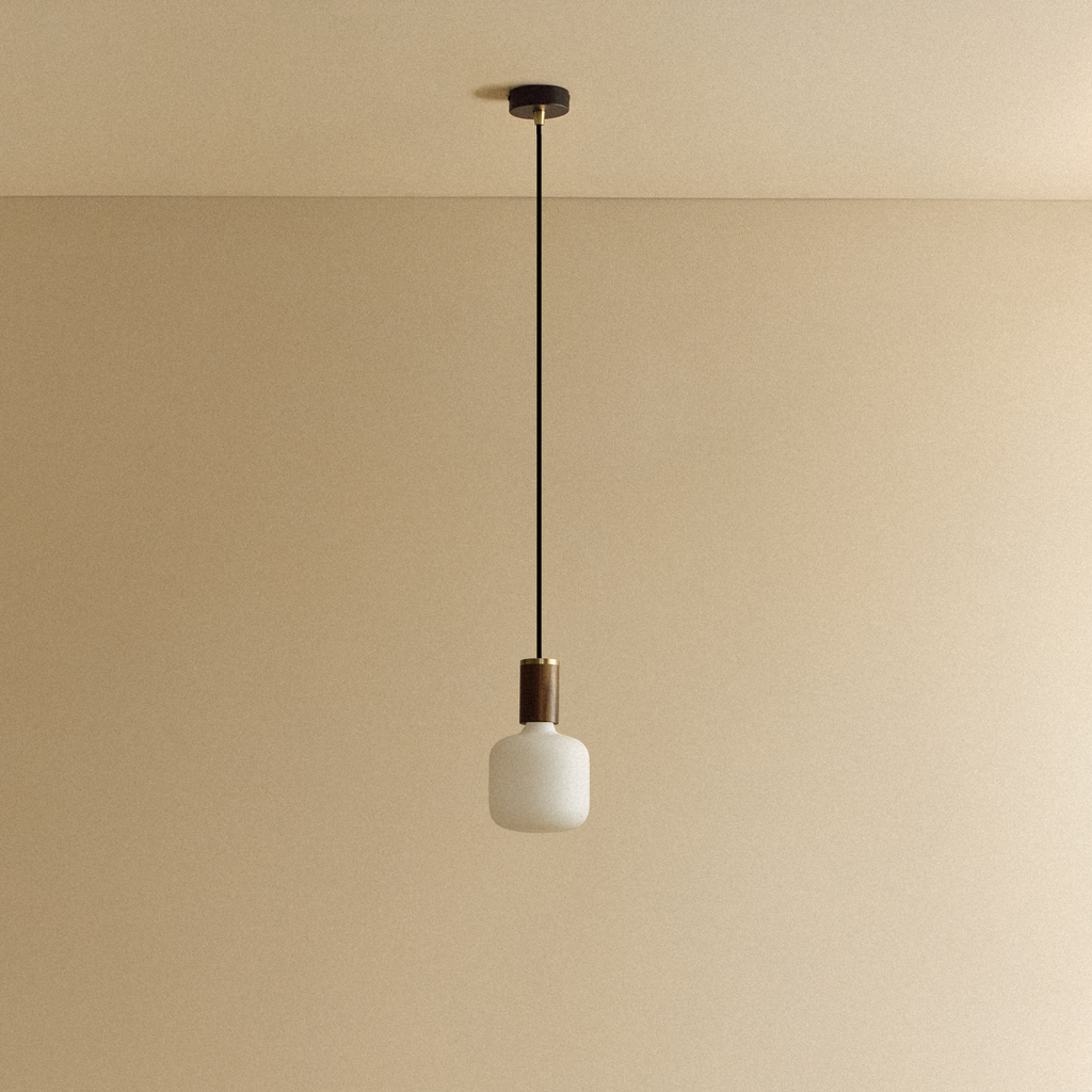 Tala Oblo Pendant Light in Walnut shown unlit