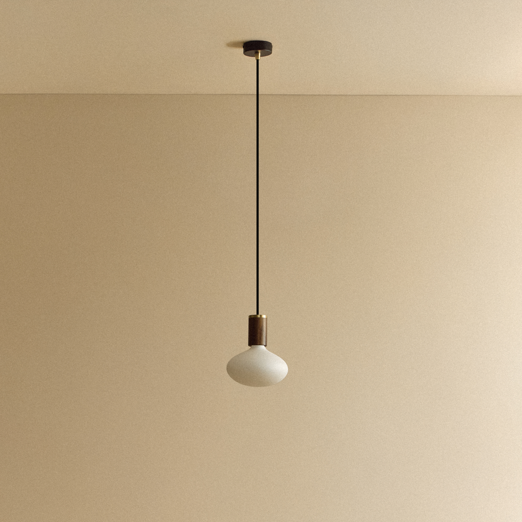 Tala Oval Pendant Light in Walnut shown unlit
