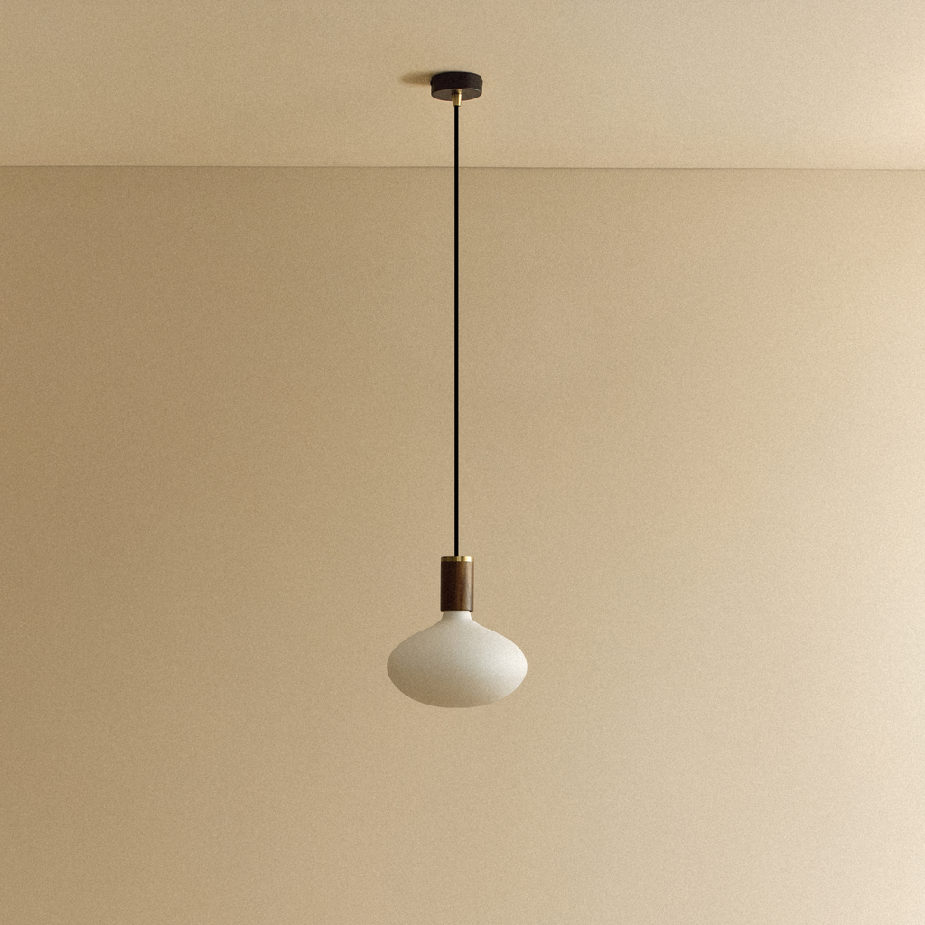Tala Oval II Pendant Light in Walnut shown unlit