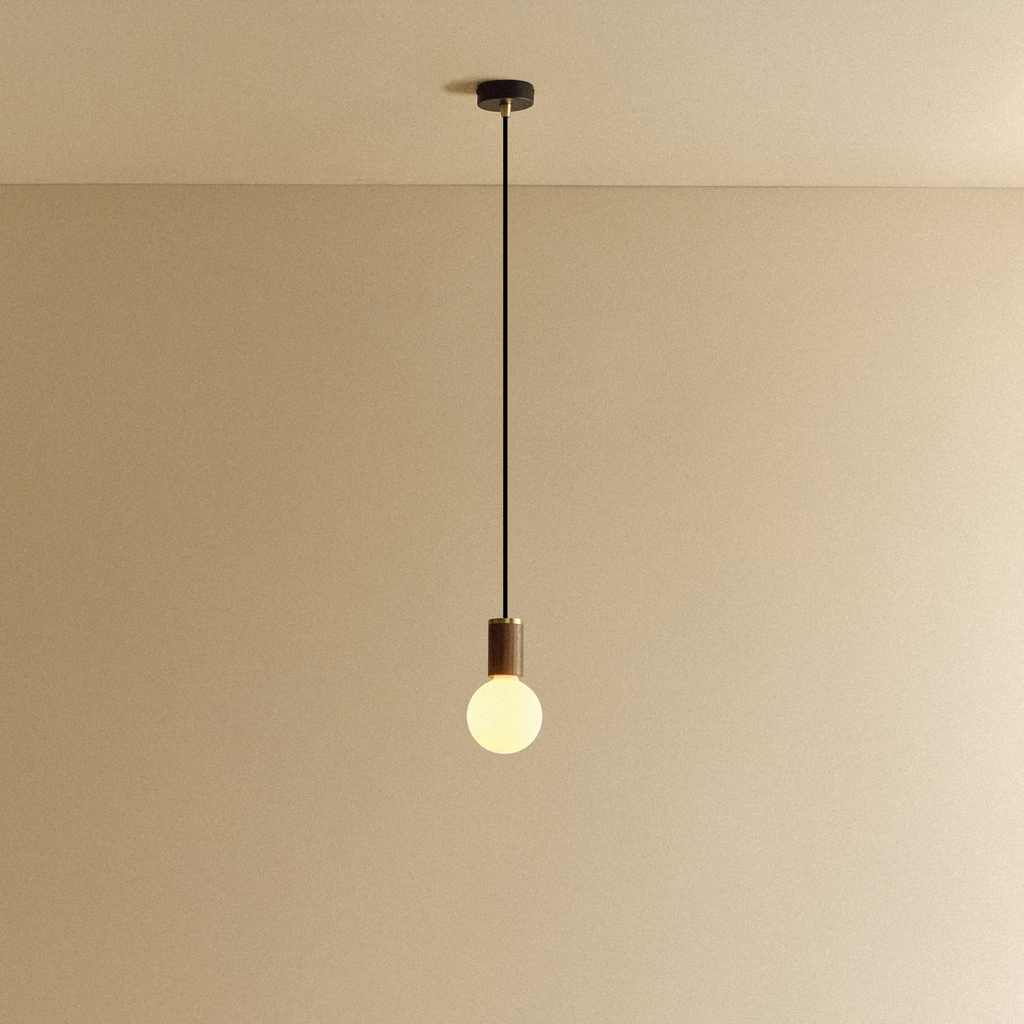 Tala Porcelain II Pendant Light in Walnut shown illuminated