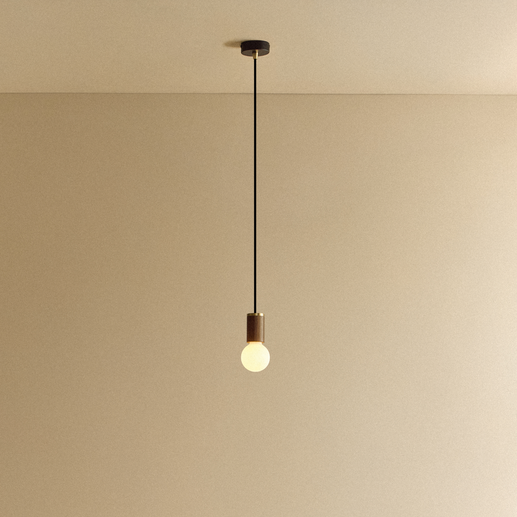 Tala Sphere II Pendant Light in Walnut shown illuminated