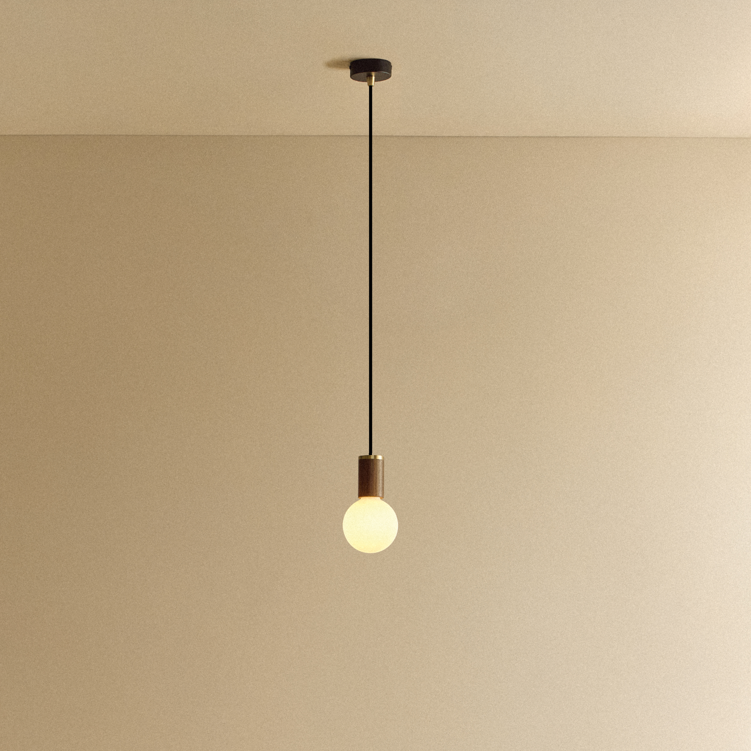 Tala Sphere III Pendant Light in Walnut shown illuminated