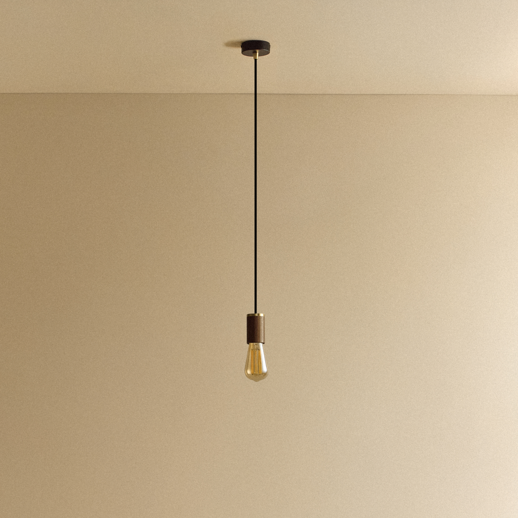 Tala Squirrel Cage Pendant Light in Walnut shown unlit