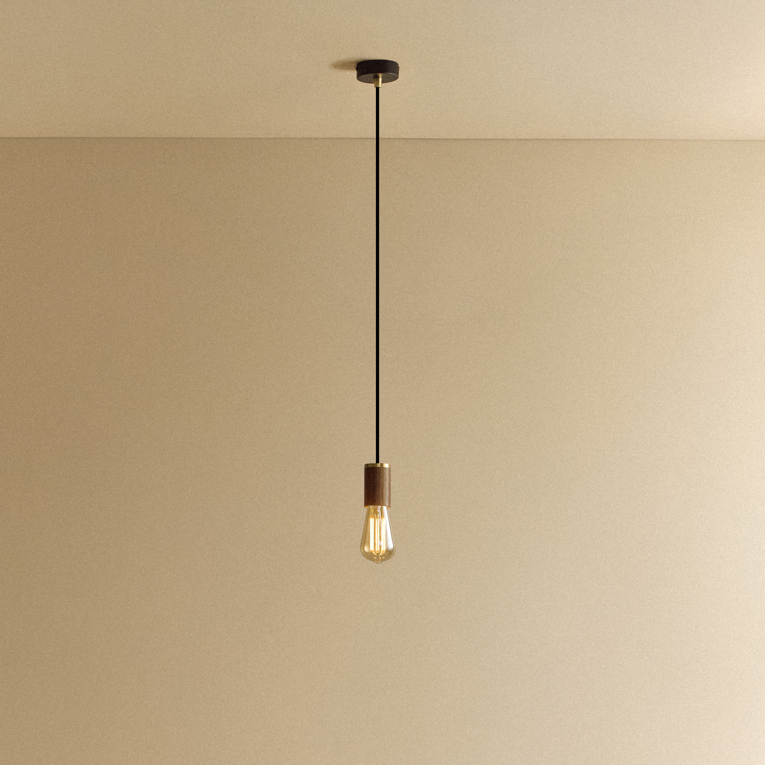 Tala Squirrel Cage Pendant Light in Walnut shown illuminated