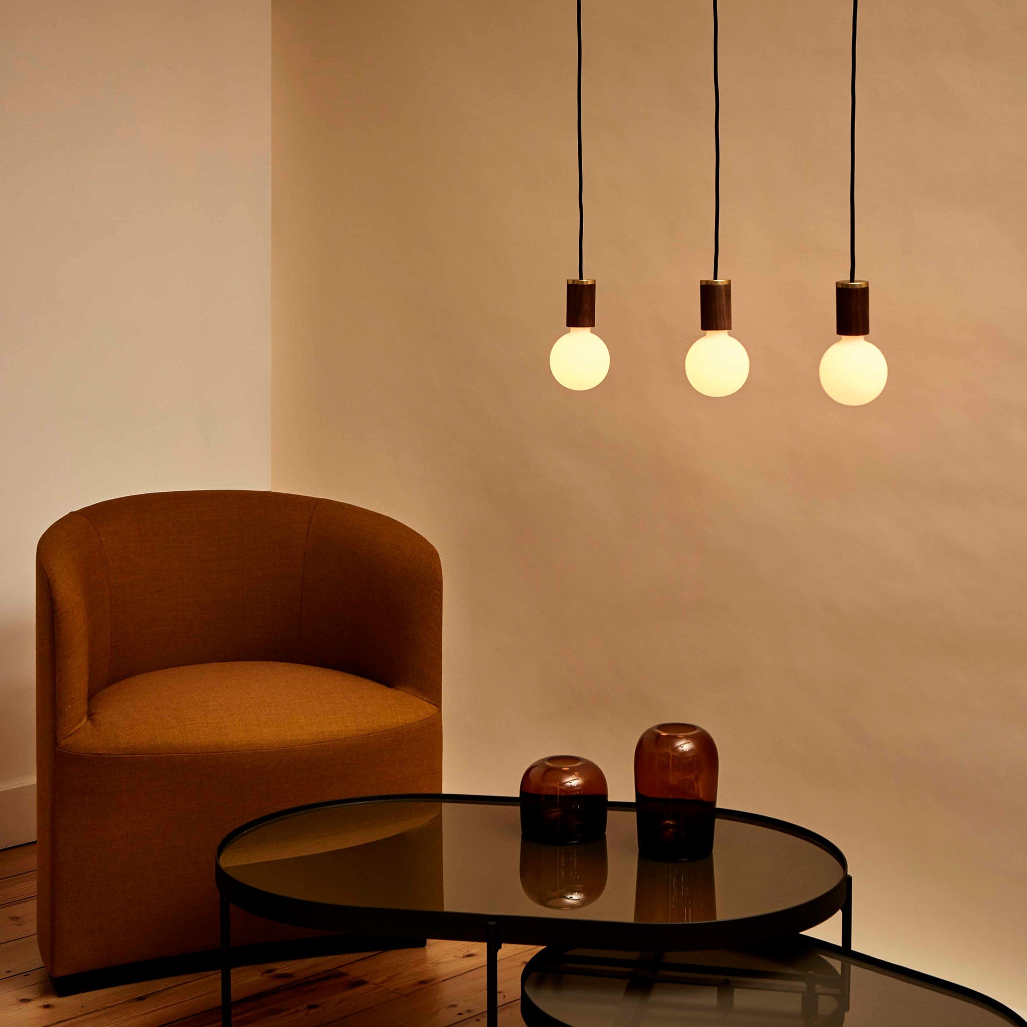 Tala Sphere III Pendant Light in Walnut in a styled interior setting (view 2)