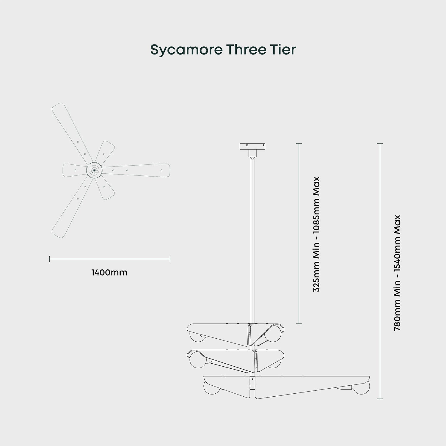 Tala Sycamore Chandelier 3 Tiers in Dawn Grey dimensions diagram